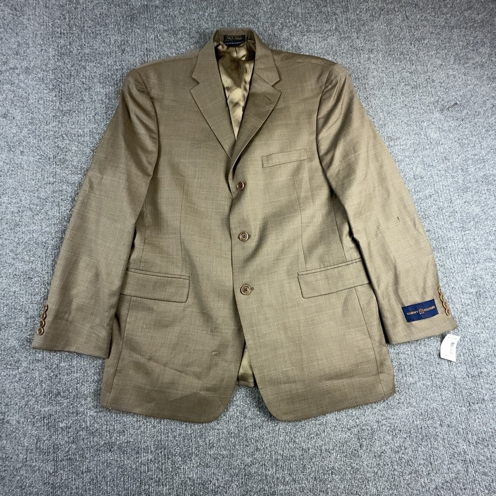 Tommy Hilfiger Mens 42R Suit Jacket Beige Check Wool Classic Fit RN 39091